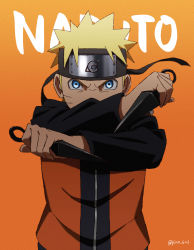 Rule 34 | 1boy, blonde hair, blue eyes, character name, dual wielding, forehead protector, highres, holding, holding weapon, jacket, kunai, long sleeves, looking at viewer, naruto (series), naruto shippuuden, ninja, official style, orange background, pinoko (pnk623), short hair, simple background, solo, uzumaki naruto, v-shaped eyebrows, weapon