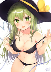 Rule 34 | 1girl, :d, absurdres, artist name, bare arms, bare shoulders, bikini, black bikini, black hat, blush, bow, breasts, cleavage, collarbone, commentary request, cowboy shot, green eyes, green hair, hair between eyes, hands up, hat, hat bow, hat ribbon, heart, heart of string, highres, komeiji koishi, large breasts, long hair, looking at viewer, navel, nenobi (nenorium), open mouth, ribbon, sidelocks, signature, simple background, smile, solo, standing, stomach, strap pull, swimsuit, thighs, touhou, very long hair, white background, yellow bow