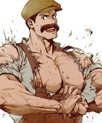 Rule 34 | 1boy, bara, bare pectorals, blouse, bursting pectorals, copyright request, exploding clothes, facial hair, flexing, flexing pectorals, highres, i reibun, large pectorals, looking at viewer, luigi, male focus, mature male, muscular, muscular male, mustache, nipples, overalls, pectorals, scene reference, shirt, short hair, sideburns, solo, torn clothes, torn shirt, upper body, veins, veiny hands