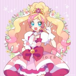 Rule 34 | 1girl, blonde hair, blue eyes, bow, character name, choker, cure flora, dadadanoda, earrings, flower, flower earrings, gloves, go! princess precure, hand on own chest, haruno haruka, jewelry, long hair, magical girl, multicolored hair, open mouth, pink bow, pink hair, precure, simple background, skirt, smile, solo, streaked hair, tiara, two-tone hair, waist bow, waving, white gloves