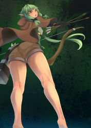 Rule 34 | 10s, 1girl, arrow (projectile), ass, atatatamu, bare legs, black bow, black gloves, bow, bow (weapon), brown shorts, cloak, crossbow, feet, from below, gloves, goblin slayer!, green eyes, green hair, high elf archer (goblin slayer!), kneepits, legs, looking back, open mouth, pointy ears, shorts, sidelocks, solo, standing, weapon