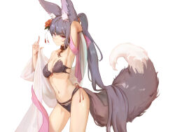 Rule 34 | 1girl, absurdres, animal ears, arm behind back, bare shoulders, bell, bikini, black hair, breasts, erune, fox ears, fox tail, granblue fantasy, hair ornament, hand up, highres, long hair, looking at viewer, medium breasts, papon, ponytail, purple eyes, shawl, solo, swimsuit, tail, very long hair, yuel (granblue fantasy)