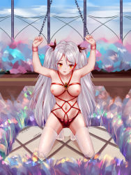 Rule 34 | 1girl, absurdres, arms up, artist name, azur lane, bdsm, black ribbon, blue sky, breasts, chain, chinese text, cloud, collarbone, cuffs, dated, day, female focus, full body, hair intakes, hair ribbon, highres, indoors, kneeling, long hair, looking away, looking to the side, medium breasts, multicolored hair, navel, nipples, open mouth, panties, prinz eugen (azur lane), red hair, red panties, ribbon, shackles, shibari, shiny clothes, signature, silver hair, skindentation, sky, solo, streaked hair, thighhighs, topless, translation request, twintails, two-tone hair, underwear, underwear only, very long hair, white thighhighs, window, yellow eyes