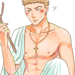 Rule 34 | 1boy, ?, artist request, bad id, bad pixiv id, bed sheet, blonde hair, blush, cross scar, facial scar, holding, holding stick, kawabuchi sentarou, light particles, male focus, naked sheet, nipples, parted lips, rosary, sakamichi no apollon, scar, scar on cheek, scar on face, short hair, simple background, solo, stick, sweatdrop, third-party source, topless male, upper body, white background