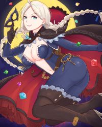Rule 34 | 1girl, absurdres, ahoge, ass, black cape, black gloves, blue bodysuit, bodysuit, boots, braid, breasts, cape, capelet, chain, cleavage, coin, commission, commissioner upload, diamond (gemstone), earrings, eye mask, fire emblem, fire emblem fates, fire emblem heroes, full moon, gem, gloves, gold chain, gold coin, high heel boots, high heels, highres, holding, holding mask, hood, hooded cape, jewelry, key, keyring, leather belt, long hair, looking at viewer, low twintails, mask, unworn mask, medium breasts, moon, navel, night, nina (fire emblem), nintendo, non-web source, official alternate costume, parted bangs, partially unzipped, red cape, red capelet, skin tight, smile, thigh boots, truejekart, twin braids, twintails, two-tone bodysuit, two-tone cape
