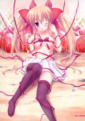 Rule 34 | 1girl, :p, ;p, absurdres, blonde hair, cream, food, fruit, fujisaki rei, hair ribbon, highres, looking at viewer, miniskirt, naked ribbon, one eye closed, purple eyes, ribbon, sexually suggestive, skirt, solo, strawberry, thighhighs, tongue, tongue out, topless, twintails, wink, zettai ryouiki