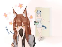 Rule 34 | 2girls, animal ears, arknights, brown eyes, brown hair, chinese commentary, chinese text, commentary request, dragon horns, dragon tail, female pervert, fox ears, franka (arknights), highres, horns, liskarm (arknights), multiple girls, naked towel, pantyhose, pervert, silver hair, smelling, smelling clothes, tail, towel, translated, vamjulian, yuri