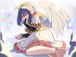 Rule 34 | 1girl, angel wings, animal, barefoot, blue hair, capelet, colored skin, commentary request, falken (yutozin), hair between eyes, hairband, halo, legs, looking at viewer, original, rabbit, red eyes, white capelet, white skin, white wings, wings, yellow hairband
