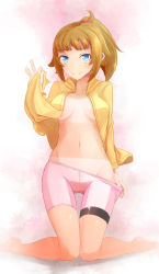 Rule 34 | 10s, 1girl, bad id, bad pixiv id, bike shorts, blue eyes, blush, breasts, brown hair, clothes lift, clothes pull, comah, female focus, gundam, gundam build fighters, gundam build fighters try, hoshino fumina, jacket, kneeling, large breasts, looking at viewer, navel, no bra, open clothes, open jacket, ponytail, shirt lift, short hair, shorts, shorts pull, smile, solo, tan, tanline, underboob, undressing