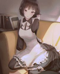 Rule 34 | absurdres, apron, black dress, black eyes, black hair, black pantyhose, book, breasts, collared dress, couch, dress, frilled apron, frilled dress, frills, hand in own hair, highres, indoors, long sleeves, medium breasts, open mouth, original, pantyhose, short hair, sitting, sul ( 20sub), white apron, white neckwear