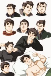 Rule 34 | 1boy, aged up, alternate costume, alternate hairstyle, avatar legends, bara, beard stubble, black hair, blush, bolin, cropped head, expressions, facial hair, frown, groecs, looking at viewer, male focus, muscular, muscular male, nipples, pectorals, sanpaku, short hair, sideburns, sideburns stubble, smile, stubble, the legend of korra, thick eyebrows, third-party source, under covers, waking up, yawning