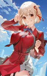 Rule 34 | 1girl, absurdres, arm up, backpack, bag, belt, blonde hair, blue ribbon, blue sky, blush, bob cut, breasts, cloud, commentary, cowboy shot, day, dot nose, dress, grey dress, grin, hair ribbon, highres, holding, holding bag, large breasts, lycoris recoil, lycoris uniform, neck ribbon, nishikigi chisato, one side up, outdoors, pleated dress, red belt, red dress, red eyes, red ribbon, ribbon, short hair, shycocoa, sky, smile, solo, symbol-only commentary, two-tone dress, v, wind, wind lift