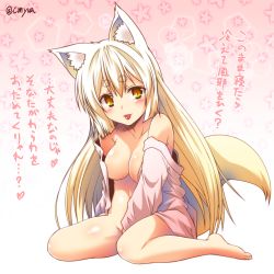 Rule 34 | 1girl, :p, animal ear fluff, animal ears, bare legs, bare shoulders, barefoot, blonde hair, blush, bottomless, breasts, collarbone, fox ears, fox tail, kohaku (yua), long hair, long sleeves, looking at viewer, naked shirt, off shoulder, open clothes, open shirt, original, shirt, short eyebrows, sitting, slit pupils, smile, solo, tail, tongue, tongue out, translation request, very long hair, wariza, yellow eyes, yua (checkmate)
