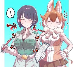 Rule 34 | ..., 2girls, alternate breast size, animal ears, blush, breasts, captain (kemono friends), cleavage, clipboard, commentary, dhole (kemono friends), dog ears, dog girl, dog tail, doyagao, extra ears, closed eyes, gm (ggommu), highres, holding, holding clipboard, implied yuri, kemono friends, kemono friends 3, khakis, large breasts, miniskirt, multiple girls, pen, shirt, skirt, sleeveless, sleeveless shirt, smile, smug, spoken ellipsis, sweatdrop, tail, v-shaped eyebrows