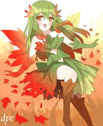 Rule 34 | 1girl, :d, asymmetrical gloves, asymmetrical wings, autumn leaves, bare shoulders, blush, brown hair, collarbone, commentary request, elbow gloves, fairy, gloves, gradient hair, green eyes, green gloves, green hair, green skirt, hair between eyes, hair ornament, heterochromia, highres, leaf, leaf hair ornament, long hair, looking at viewer, maple leaf, mismatched gloves, mismatched wings, multicolored hair, non (wednesday-classic), open mouth, original, red gloves, red hair, skirt, smile, solo, very long hair, white background, wings