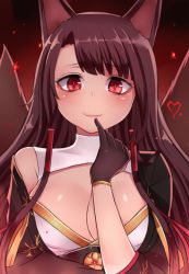 Rule 34 | 1girl, :p, akagi (azur lane), animal ears, azur lane, breasts, brown hair, cleavage, cleavage cutout, clothing cutout, commentary request, finger to mouth, gloves, heart, long hair, multiple tails, neit ni sei, red eyes, slit pupils, smile, solo, tail, tongue, tongue out, wolf ears, wolf tail