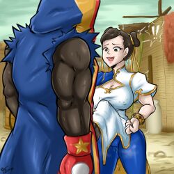 Rule 34 | !, !!, 1boy, 1girl, absurdres, ahegao, balrog (street fighter), blush, breasts, brown eyes, brown hair, bulge, capcom, chun-li, clothed sex, clothes, dark-skinned male, dark skin, double bun, earrings, embarrassed, erection, erection under clothes, hair bun, highres, huge penis, imminent penetration, interracial, jewelry, juice, large breasts, muscular, muscular male, nayaase beleguii, open mouth, penis, piercing, pussy juice, speech bubble, street fighter, sweat, trembling