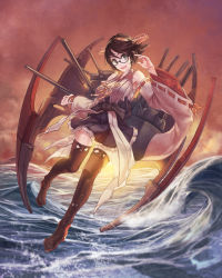 Rule 34 | 10s, 1girl, armpits, bare shoulders, black eyes, boots, breasts, brown hair, detached sleeves, floating, glasses, hair ornament, highres, kantai collection, kirishima (kancolle), no legwear, pleated skirt, rotix, skirt, smile, solo, thigh boots, thighhighs, water