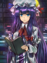 Rule 34 | 1girl, blue eyes, book, book stack, capelet, coat, crescent, dress, hair ribbon, hat, hat ribbon, inaba-no-kuni-tottori, library, long hair, long sleeves, looking at viewer, mob cap, open clothes, open coat, patchouli knowledge, purple hair, ribbon, solo, striped clothes, striped dress, touhou, tress ribbon, very long hair