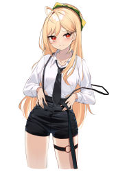 Rule 34 | 1girl, absurdres, ahoge, belt, black shorts, blonde hair, closed mouth, collarbone, collared shirt, cropped legs, hamburger hat, hat, high-waist shorts, highres, jingburger, long hair, long sleeves, looking at viewer, necktie, red eyes, shirt, shirt tucked in, short shorts, shorts, simple background, smile, solo, suspenders, suspenders slip, thigh strap, thighs, virtual youtuber, waktaverse, white background, white shirt, ziro (zirorong)