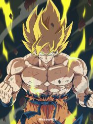 Rule 34 | 1boy, absurdres, artist name, biceps, blonde hair, blood, blood from mouth, blue sash, blue wristband, clenched hands, closed mouth, collarbone, commentary request, dougi, dragon ball, dragonball z, electricity, energy, floating rock, frown, green eyes, highres, horang4628, korean commentary, looking at viewer, male focus, muscular, muscular male, pectorals, ribs, rock, sash, scratches, serious, solo, son goku, spiked hair, super saiyan, super saiyan 1, topless male, torn clothes, twitter username, v-shaped eyebrows, wristband