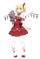 Rule 34 | 1girl, arm cuffs, asymmetrical wings, bare shoulders, blonde hair, buttons, cross, detached collar, dress, fang, fingernails, flandre scarlet, flower, full body, hair ribbon, highres, lace, lace-trimmed dress, lace trim, liang yao, red dress, red eyes, red ribbon, ribbon, ribbon trim, rose, shoes, short hair, side ponytail, smile, solo, strapless, strapless dress, stuffed animal, stuffed toy, stuffing, teddy bear, thighhighs, touhou, white thighhighs, wings, wrist cuffs