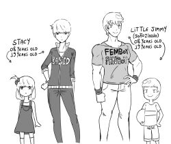 Rule 34 | 1boy, 1girl, aged up, androgynous, arm at side, arrow (symbol), character name, child, closed mouth, clothes writing, cropped legs, dress, english text, feet out of frame, greyscale, hand on own hip, highres, jacket, legs apart, looking at viewer, medium hair, monochrome, muscular, muscular male, one side up, original, pants, shirt, short hair, smile, standing, t-shirt, tombstone, track jacket, track pants, track suit, wanderjegson, wristband, zipper, zipper pull tab