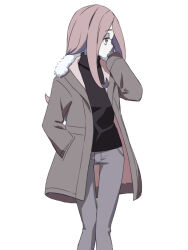 Rule 34 | black shirt, brown jacket, closed mouth, denim, eyeshadow, feet out of frame, flipped hair, fur-trimmed collar, fur trim, grey pants, hand in own hair, hand in pocket, hand up, jacket, jeans, knees together feet apart, little witch academia, long hair, long sleeves, looking to the side, makeup, open clothes, open jacket, pants, pink eyes, pink hair, profile, satochi, shirt, simple background, straight hair, sucy manbavaran, thigh gap, turtleneck, white background