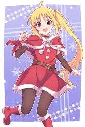 Rule 34 | 1girl, :d, absurdres, ahoge, belt, belt buckle, blonde hair, bocchi the rock!, boots, braid, brown belt, brown eyes, brown pantyhose, brown sleeves, buckle, capelet, christmas, commentary request, detached sleeves, dress, e20, feet out of frame, fur-trimmed sleeves, fur trim, highres, ijichi nijika, knee boots, long hair, long sleeves, looking at viewer, open mouth, outside border, pantyhose, parted bangs, red capelet, red dress, red footwear, santa costume, side ponytail, smile, solo, very long hair