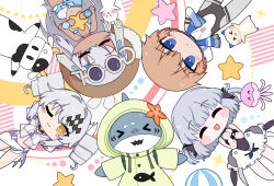 &gt;_&lt; 1boy 3girls :d alpha_(pgr) arms_behind_head ball beachball bikini bikini_top_only blue_eyes blue_shorts bright_pupils brown_hat cat chibi chibi_only chinese_commentary closed_eyes closed_mouth commentary_request cow drill_hair euyueuy eyewear_on_head facing_viewer fins grey_hair hair_ornament hand_on_own_chest hands_up hat head_fins holding holding_star jellyfish karenina:_ember_(deed_of_snow_leopard)_(pgr) karenina_(pgr) lee:_entropy_(oceanic_blues)_(pgr) lee_(pgr) liv:_luminance_(puella_subnautica)_(pgr) liv_(pgr) looking_at_viewer lucia:_crimson_abyss_(seaside_sunbath)_(pgr) multiple_girls navel one_eye_closed open_mouth orange_hair punishing:_gray_raven rabbit sarong sharkspeare_(pgr) short_hair shorts skirt smile star_(symbol) stomach sunglasses swimsuit tan towel towel_around_neck twin_drills whistle whistle_around_neck white_bikini white_pupils white_sarong white_skirt yellow_eyes yellow_raincoat