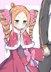 Rule 34 | 1boy, 1girl, absurdres, beatrice (re:zero), black jacket, black pants, blonde hair, blue eyes, border, bow, butterfly-shaped pupils, capelet, crown, dress, dress bow, drill hair, frilled dress, frilled sleeves, frills, fur-trimmed capelet, fur trim, hair ribbon, hanten (hantennano), highres, holding hands, jacket, long hair, mini crown, multicolored clothes, multicolored jacket, natsuki subaru, pants, parted bangs, pink border, pink bow, pink ribbon, re:zero kara hajimeru isekai seikatsu, red capelet, red dress, ribbon, sidelocks, smile, symbol-shaped pupils, track jacket, track pants, twin drills, two-tone jacket, white background, white jacket, wide sleeves