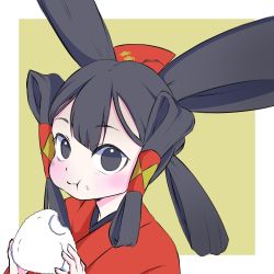 Rule 34 | 1girl, :t, black eyes, black hair, blush, commentary request, eating, food, food on face, hair ornament, hair rings, hair tubes, holding, holding food, japanese clothes, long hair, looking at viewer, onigiri, rice, rice on face, sakuna-hime, solo, sousuke (sohsasu0703), tensui no sakuna-hime, two-tone background, upper body