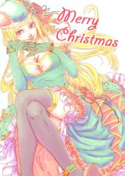 Rule 34 | 1girl, blonde hair, blue eyes, breasts, christmas, detached sleeves, dress, feet out of frame, freya (valkyrie profile), gloves, green hat, hat, jill88bban, long hair, looking at viewer, medium breasts, merry christmas, simple background, skirt, smile, solo, thighhighs, valkyrie profile (series), white background