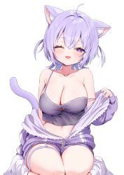 Rule 34 | 1girl, absurdres, ahoge, animal ear fluff, animal ears, breasts, cat ears, cat girl, cat tail, cleavage, commentary request, highres, hololive, ineka ka, jacket, large breasts, looking at viewer, medium hair, navel, nekomata okayu, nekomata okayu (membership), official alternate costume, open mouth, partially unzipped, purple eyes, purple hair, purple jacket, purple nails, purple shirt, purple shorts, shirt, shorts, simple background, solo, symbol in eye, tail, virtual youtuber, white background