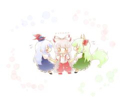 Rule 34 | &gt; &lt;, 3girls, baggy pants, black footwear, blue dress, blue hair, blue headwear, blush, bow, buttons, chibi, collared shirt, dress, dual persona, frilled sleeves, frills, from side, fujiwara no mokou, full body, green dress, green hair, green tail, hair bow, headwear request, highres, hime cut, holding another&#039;s arm, horn ornament, horn ribbon, horns, kamishirasawa keine, long hair, looking at another, medium dress, multiple girls, no mouth, no nose, ofuda, ofuda on clothes, open collar, pants, profile, puffy short sleeves, puffy sleeves, red footwear, red pants, red ribbon, ribbon, shirt, shoes, short sleeves, sidelocks, simple background, standing, tail, tears, touhou, tyamonabe, very long hair, white background, white bow, white hair, white shirt, yellow horns, | |