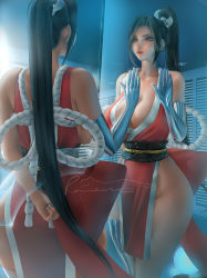 Rule 34 | 1girl, black hair, breasts, cleavage, curvy, fatal fury, gloves, huge breasts, japanese clothes, kimono, large breasts, long hair, mirror, nail polish, ninja, ponytail, rain wzq, shiranui mai, snk, the king of fighters, wide hips