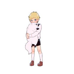 Rule 34 | 1boy, aged down, animal, animal hug, awarinko, black shorts, blonde hair, blue eyes, bond (spy x family), brown footwear, child, covered mouth, dog, full body, great pyrenees, highres, kneehighs, loafers, long sleeves, looking at viewer, puppy, shirt, shoes, short hair, shorts, simple background, socks, spy x family, standing, suspender shorts, suspenders, twilight (spy x family), white background, white shirt, white socks