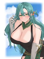 Rule 34 | 1girl, absurdres, aqua hair, bare shoulders, black shirt, blue sky, bow, braid, breasts, chloe (fire emblem), cleavage, cloud, commission, covered navel, cowboy shot, dress, earrings, elbow gloves, fire emblem, fire emblem engage, gloves, highres, jewelry, large breasts, leaning forward, long hair, looking at viewer, nintendo, orange bow, peli cantaro, shirt, side braid, skeb commission, sky, smile, solo, teardrop earrings, white gloves