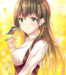 Rule 34 | 1girl, animal, artist name, backlighting, bad id, bad pixiv id, bird, blush, breasts, brown hair, green eyes, high-waist skirt, holding, long hair, long sleeves, looking at viewer, medium breasts, original, parted lips, plaid, plaid skirt, red skirt, skirt, soap bubbles, solo, suihi, sweater, tareme, underbust, upper body, white sweater