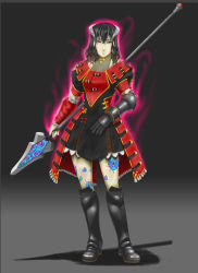 Rule 34 | 1girl, alternate costume, aura, black hair, bloodstained: ritual of the night, blue eyes, boots, brown hair, gauntlets, gradient background, gradient hair, hair ornament, highres, miriam (bloodstained), multicolored hair, polearm, spear, stained glass, weapon