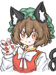 Rule 34 | 1girl, :3, animal ear fluff, animal ears, blush stickers, breasts, brown hair, cat ears, cat tail, chen, claw pose, commentary request, earrings, fangs, fangs out, fingernails, fumomono, hair between eyes, hand up, hat, highres, jewelry, mob cap, multiple tails, nekomata, orange eyes, red nails, sharp fingernails, short hair, simple background, single earring, small breasts, solo, tail, touhou, two tails, white background