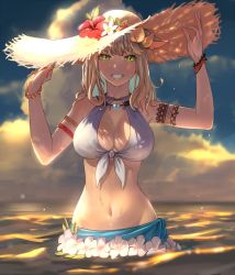 Rule 34 | 1girl, animal ears, armlet, warrior of light (ff14), bead bracelet, beads, bikini, blonde hair, blue nails, blue sarong, blue sky, bracelet, breasts, cat ears, cloud, commentary, day, final fantasy, final fantasy xiv, flower, front-tie bikini top, front-tie top, green eyes, grin, hair flower, hair ornament, hand on headwear, hands up, hat, hat flower, hibiscus, highres, jewelry, large breasts, looking at viewer, medium hair, midriff, miqo&#039;te, nail polish, navel, ocean, outdoors, potion lilac, sarong, sky, slit pupils, smile, solo, standing, straight-on, sun hat, sunlight, swimsuit, upper body, wading, water, wet, white bikini, white flower