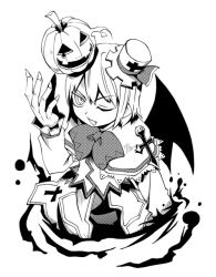 Rule 34 | 1girl, bat wings, cross, fang, female focus, greyscale, hat, jack-o&#039;-lantern, kannazuki hato, looking at viewer, monochrome, one eye closed, pumpkin, remilia scarlet, ringed eyes, simple background, solo, touhou, white background, wings, wink