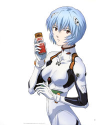 Rule 34 | 1girl, absurdres, ayanami rei, blue hair, bodysuit, breasts, can, canned coffee, coffee, covered collarbone, drink can, evangelion: 2.0 you can (not) advance, hair ornament, highres, holding, interface headset, looking at viewer, matsubara hidenori, medium breasts, neon genesis evangelion, official art, page number, pilot suit, plugsuit, product placement, rebuild of evangelion, red eyes, scan, short hair, simple background, solo, ucc coffee, white background, white bodysuit