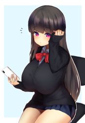 Rule 34 | 1girl, adjusting hair, black cardigan, black hair, blue background, blue skirt, blunt bangs, border, bow, bowtie, breasts, cardigan, cellphone, chair, collared shirt, cowboy shot, expressionless, hands up, highres, hime cut, huge breasts, long hair, long sleeves, looking at viewer, miniskirt, office chair, original, outside border, parted lips, phone, pink eyes, red bow, shirt, shortstack, sidelocks, simple background, sitting, skirt, sleeves past wrists, smartphone, solo, swivel chair, thighs, watari1118, white shirt