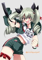 Rule 34 | 1girl, anchovy (girls und panzer), blush, breasts, collarbone, drill hair, girls und panzer, green hair, green shorts, gym shorts, gym uniform, hair ornament, hair ribbon, highres, inoue yoshihisa, medium breasts, navel, open mouth, orange eyes, ribbon, riding crop, shiny skin, shorts, simple background, skindentation, smile, solo, twin drills, twintails, white background