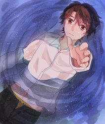 Rule 34 | 10s, 1boy, aldnoah.zero, brown eyes, kaizuka inaho, male focus, outstretched hand, partially submerged, reaching, reaching towards viewer, sky, solo, split mouth, star (sky), starry sky, tamami0122