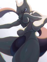 Rule 34 | blurry, chromatic aberration, commentary request, creatures (company), from below, game freak, gen 1 pokemon, green eyes, highres, imakuma ama, legendary pokemon, looking down, mewtwo, nintendo, outstretched arm, pink pupils, pokemon, pokemon (creature), solo, white background
