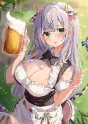 Rule 34 | 1girl, :o, alcohol, animal ears, animal print, bare shoulders, beer, beer mug, blush, bow, bowtie, breasts, cleavage, collar, cow ears, cow girl, cow horns, cow print, cow tail, cup, detached collar, detached sleeves, dress, drinking glass, flower, frilled dress, frills, german clothes, green eyes, hair flower, hair ornament, hands up, highres, hololive, horns, large breasts, long hair, looking at viewer, mug, open mouth, outdoors, pint, puffy short sleeves, puffy sleeves, shirogane noel, shirogane noel (dirndl), short sleeves, silver hair, solo, tail, virtual youtuber, watao