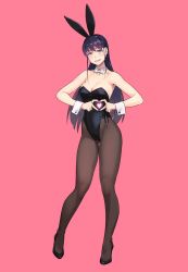 Rule 34 | 1girl, animal ears, bare arms, bare shoulders, black bow, black bowtie, black hair, black leotard, black pantyhose, blush, bow, bowtie, breasts, commentary request, detached collar, fake animal ears, full body, groin, hair ornament, hairclip, heart, heart hands, highleg, highres, leotard, long hair, looking at viewer, medium breasts, original, pantyhose, parted lips, pink background, playboy bunny, purple eyes, purple hair, rabbit ears, shoes, simple background, smile, solo, standing, strapless, strapless leotard, wrist cuffs, yuuji (and)